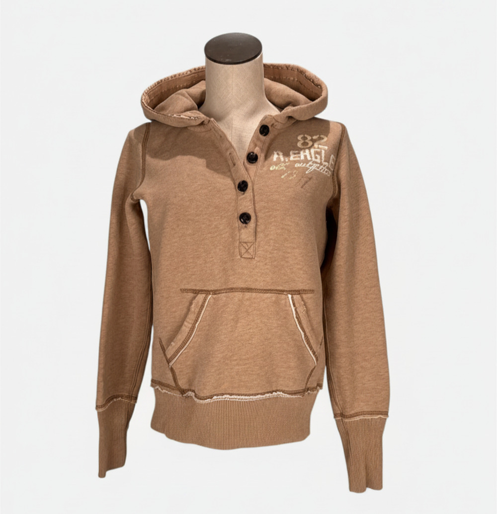 Y2K American Eagle Outfitters Tan Henley Hoodie Sweatshirt Womens SMALL